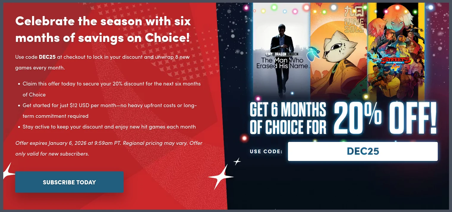 Save 20% on 6 Months of Humble Choice with Code DEC25 2 choice